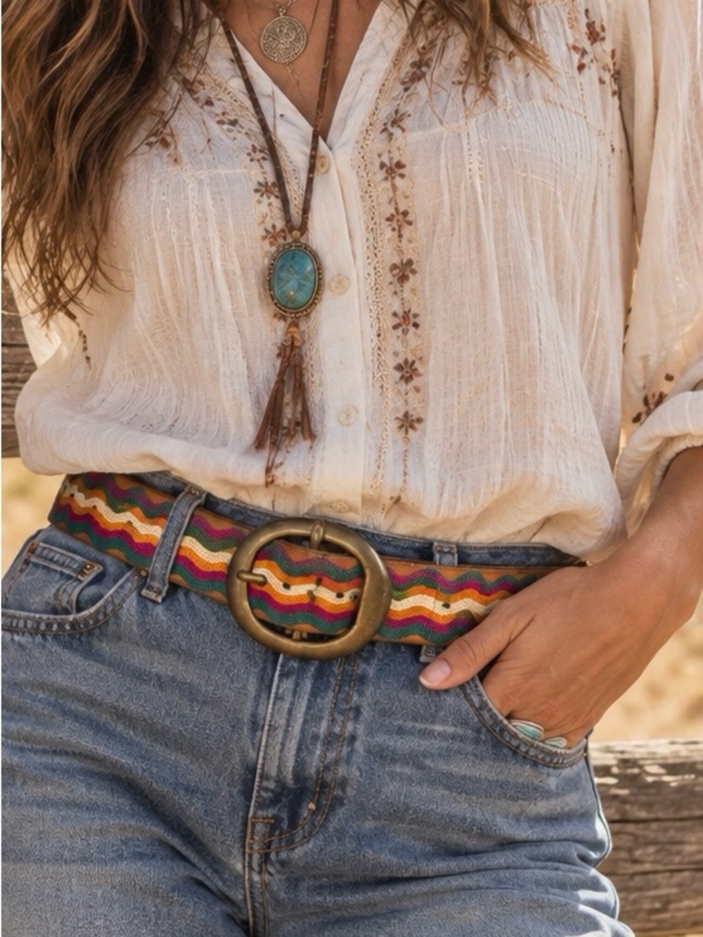 Lucky Brand Leather Belt M Guatemala Multicolor Embroidered Boho Y2K Brass 44”